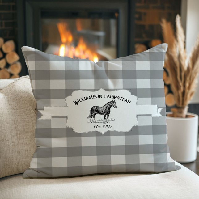 Grey Buffalo Plaid Boerderij Kussen (Gray Buffalo Plaid Farm Horse Throw Pillow)