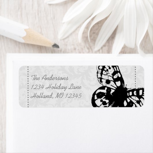Grey Butterfly Damask Return Address Etiket (Insitu)