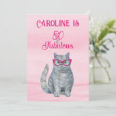 Grey Cat, Bright Roze, 50 & Fabulous, Birthday Kaart (Staand voorkant)