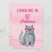 Grey Cat, Bright Roze, 50 & Fabulous, Birthday Kaart (Voorkant / Achterkant)