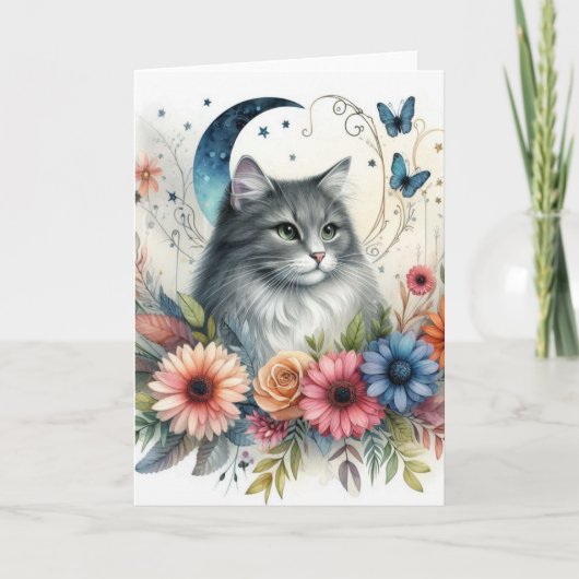 Grey Cat Butterfly Floral Kaart (Voorkant)