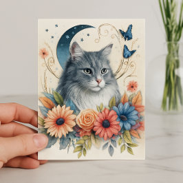 Grey Cat Butterfly Floral Kaart