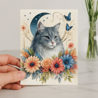 Grey Cat Butterfly Floral Kaart