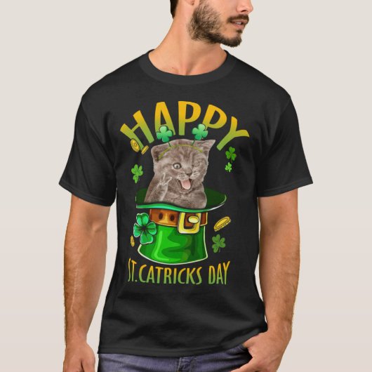Grey Cat Catrick Irish Shamrock Kitten St Patricks T-shirt (Voorkant)