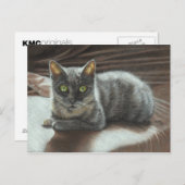 Grey Cat Green Eyes op Bed Briefkaart KMCoriginals (Voorkant / Achterkant)