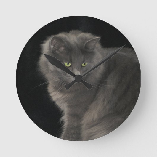 Grey Cat Long Hair Russisch Blauw Kat Kitten Cute Ronde Klok (Voorkant)