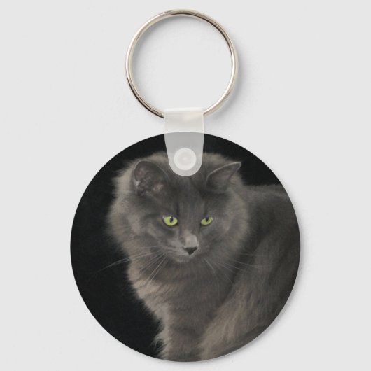 Grey Cat Long Hair Russisch Blauw Kat Kitten Cute Sleutelhanger (Voorkant)