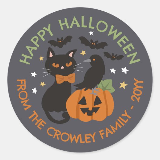Grey Cat Pumpkin Raven Happy Halloween Ronde Sticker (Voorkant)