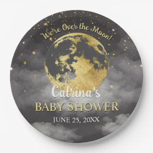 Grey Celestial Over the Moon en Stars Baby shower Papieren Bordje