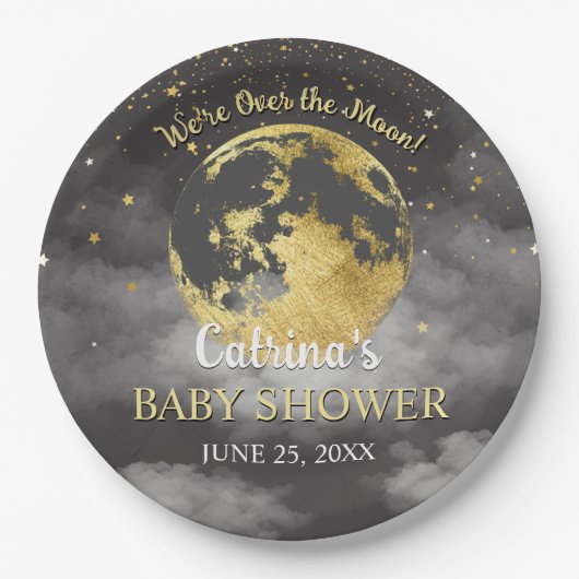 Grey Celestial Over the Moon en Stars Baby shower Papieren Bordje (Voorkant)