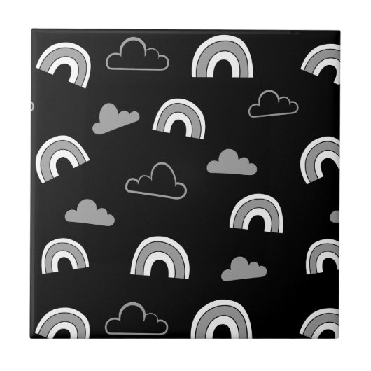 Grey Clouds and Rainbows on Black Ceramic Tile Tegeltje (Voorkant)