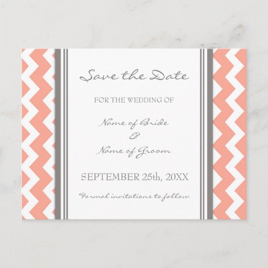 Grey Coral Chevron Save the Date Wedding Briefkaar Aankondigingskaart (Voorkant)