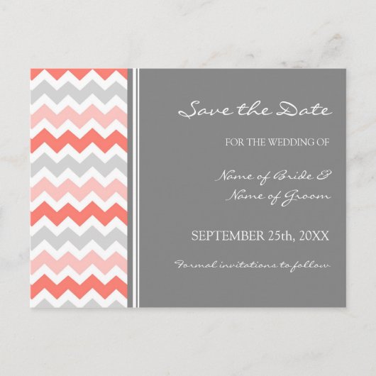 Grey Coral Chevron Save the Date Wedding Briefkaar Aankondigingskaart (Voorkant)