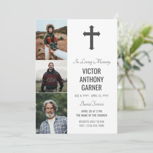 Grey Cross 3 Foto's White Burial Service Kaart (Staand voorkant)
