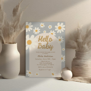 Grey Daisy Hello Baby Retro Boho Baby Shower Kaart