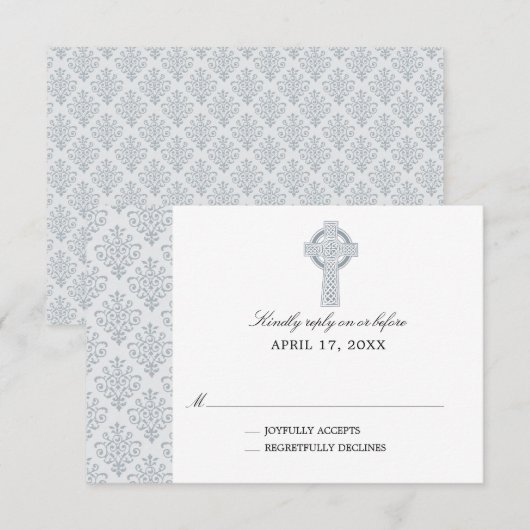 Grey Damask Celtic Cross Eerste Communie RSVP (Voorkant / Achterkant)