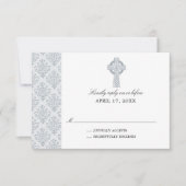 Grey Damask Celtic Cross Eerste Communie RSVP Kaartje (Voorkant)