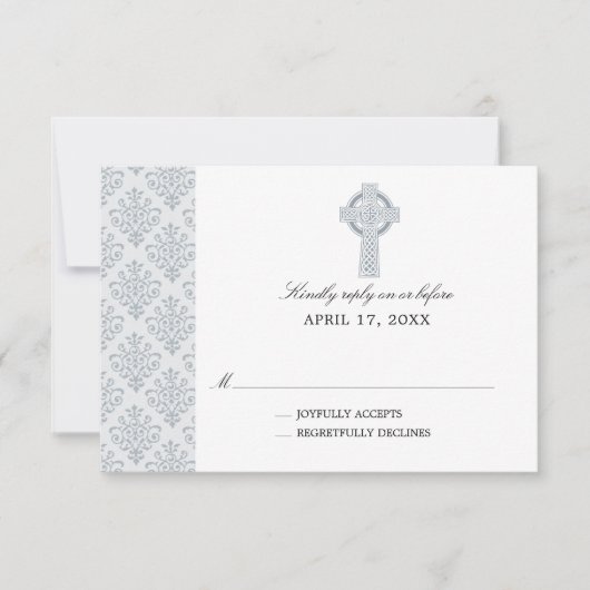 Grey Damask Celtic Cross Eerste Communie RSVP Kaartje (Voorkant)
