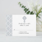 Grey Damask Celtic Cross Eerste Communie RSVP Kaartje (Staand voorkant)