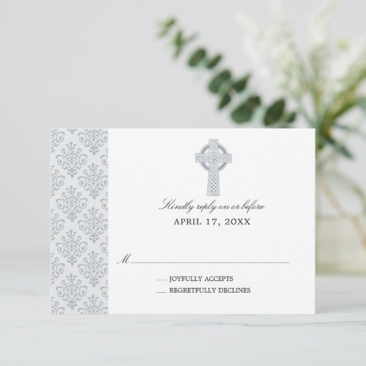 Grey Damask Celtic Cross Eerste Communie RSVP Kaartje (Staand voorkant)