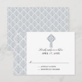 Grey Damask Celtic Cross Eerste Communie RSVP Kaartje (Voorkant / Achterkant)