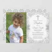 Grey Damask Cross Baptisme Kaart (Voorkant / Achterkant)