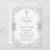 Grey Damask Cross Baptisme Kaart (Voorkant)