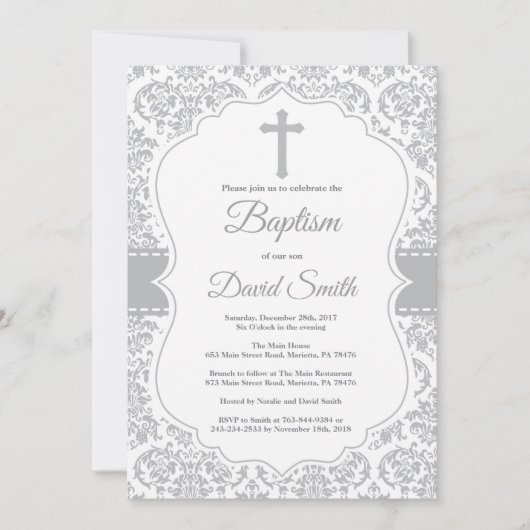 Grey Damask Cross Baptisme Kaart (Voorkant)