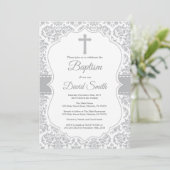 Grey Damask Cross Baptisme Kaart (Staand voorkant)