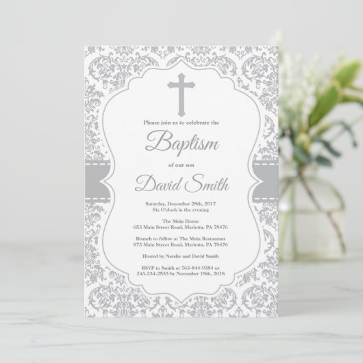 Grey Damask Cross Baptisme Kaart (Staand voorkant)