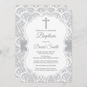 Grey Damask Cross Baptisme Kaart (Voorkant / Achterkant)