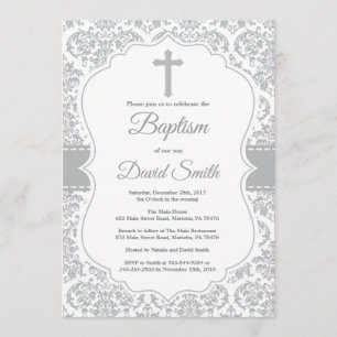 Grey Damask Cross Baptisme Kaart