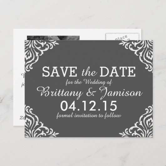 Grey Damask Elegant Save the Date Briefkaart (Voorkant / Achterkant)