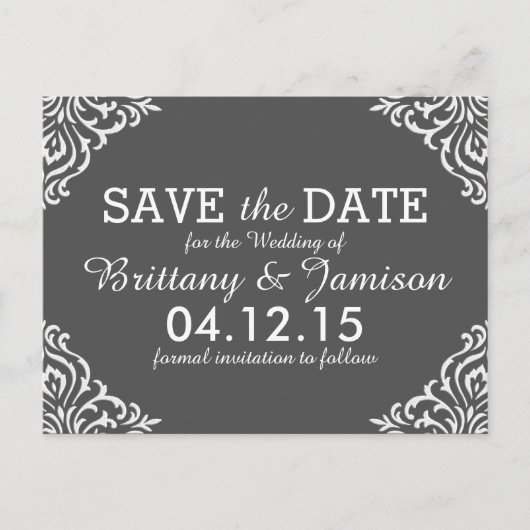 Grey Damask Elegant Save the Date Briefkaart (Voorkant)