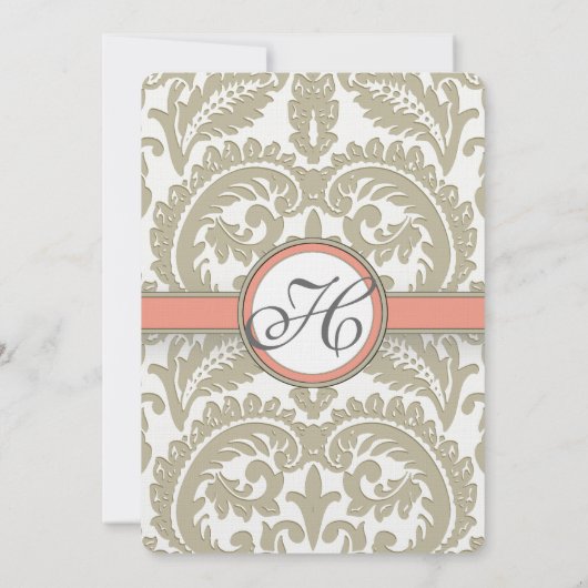 Grey Damask met Coral & Greige Wedding Kaart (Achterkant)