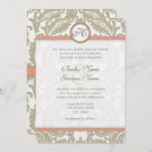 Grey Damask met Coral & Greige Wedding Kaart (Voorkant / Achterkant)