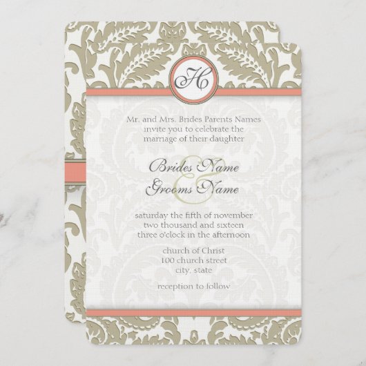 Grey Damask met Coral & Greige Wedding Kaart (Voorkant / Achterkant)