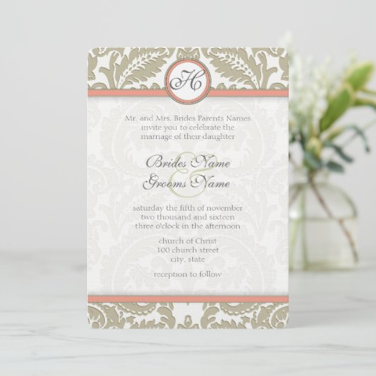 Grey Damask met Coral & Greige Wedding Kaart (Staand voorkant)