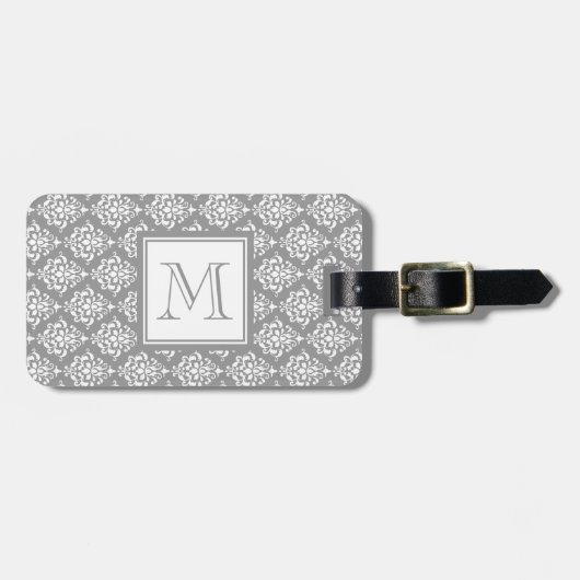 Grey Damask Patroon 1 met Monogram Bagagelabel (Voorkant horizontaal)