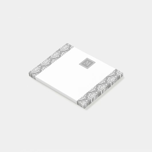 Grey Damask Patroon 1 met Monogram Post-it® Notes (Schuin)