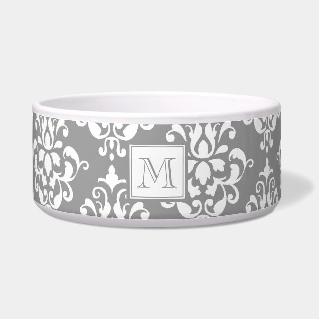 Grey Damask Patroon 1 met Monogram Voerbakje (Voorkant)