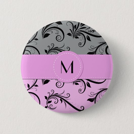 Grey Damask, Pink Damask, Monogram Ronde Button 5,7 Cm (Voorkant)