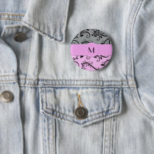 Grey Damask, Pink Damask, Monogram Ronde Button 5,7 Cm