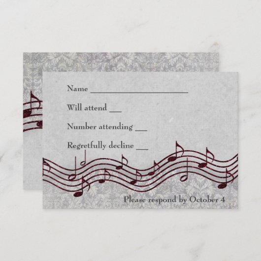 Grey Damask Red Music RSVP (Voorkant / Achterkant)