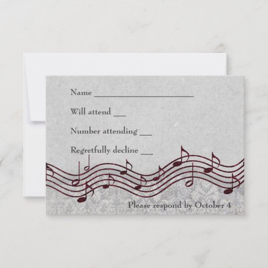 Grey Damask Red Music RSVP Kaartje (Voorkant)
