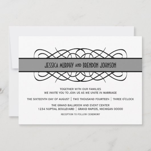 Grey Deco Flourish Wedding Invite Kaart (Voorkant)