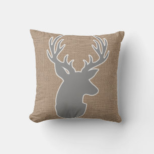 Grey Deer Bust op Brown Faux Burlap Kussen