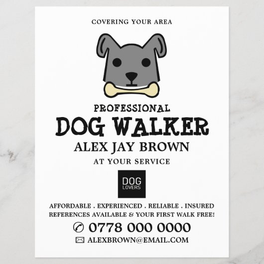 Grey Dog met Bone, Dog Walker Adverteren Flyer (Voorkant)