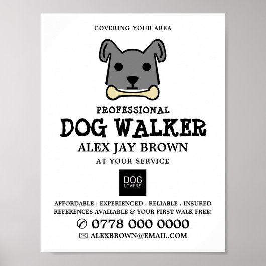 Grey Dog met Bone, Dog Walker Adverteren Poster (Voorkant)