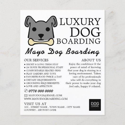 Grey Dog met bot, Dog Boarding, Adverteren Flyer (Voorkant)